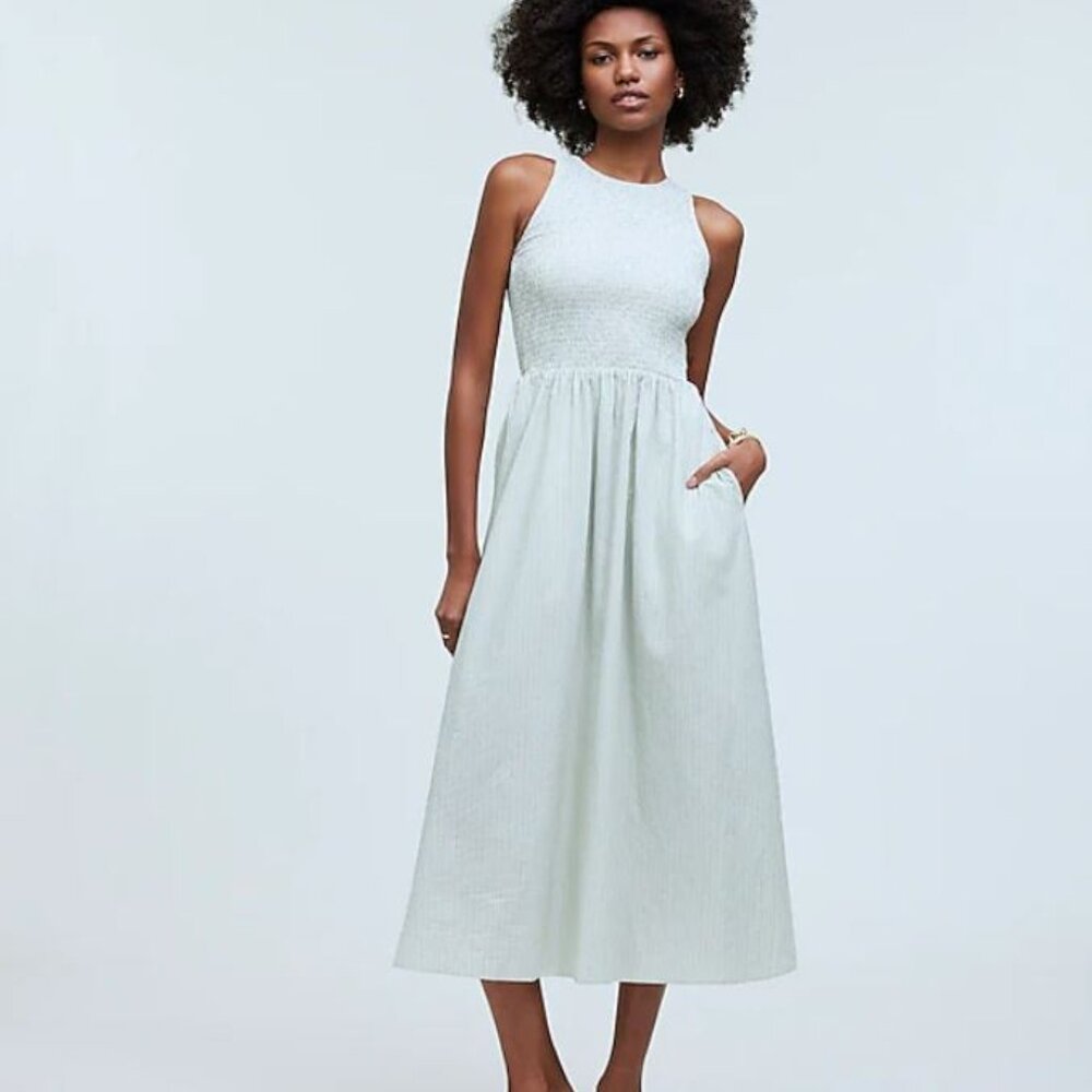 Melody Smocked Poplin Midi Dress Pistachio Stripe NWT